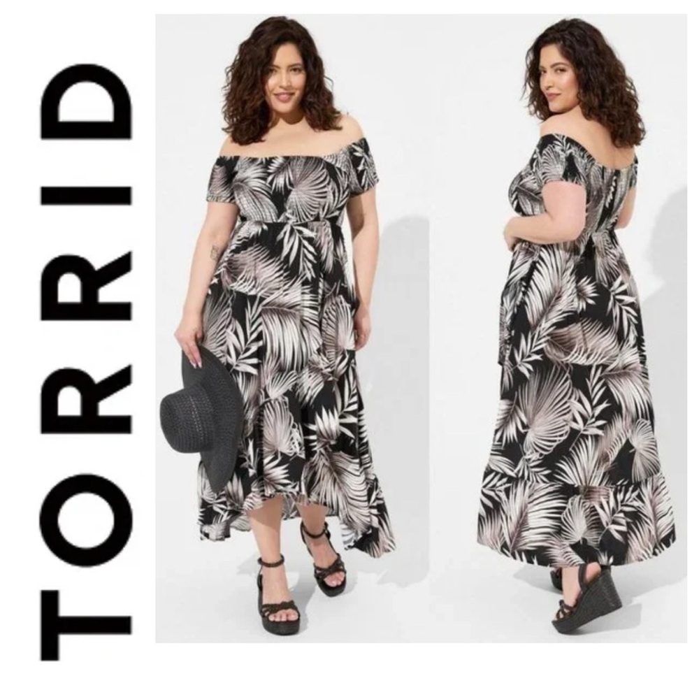 Torrid 2 Shaded Palms Maxi Challis Off Shoulder Tulip Hi-Low Dress 2X 18 20
